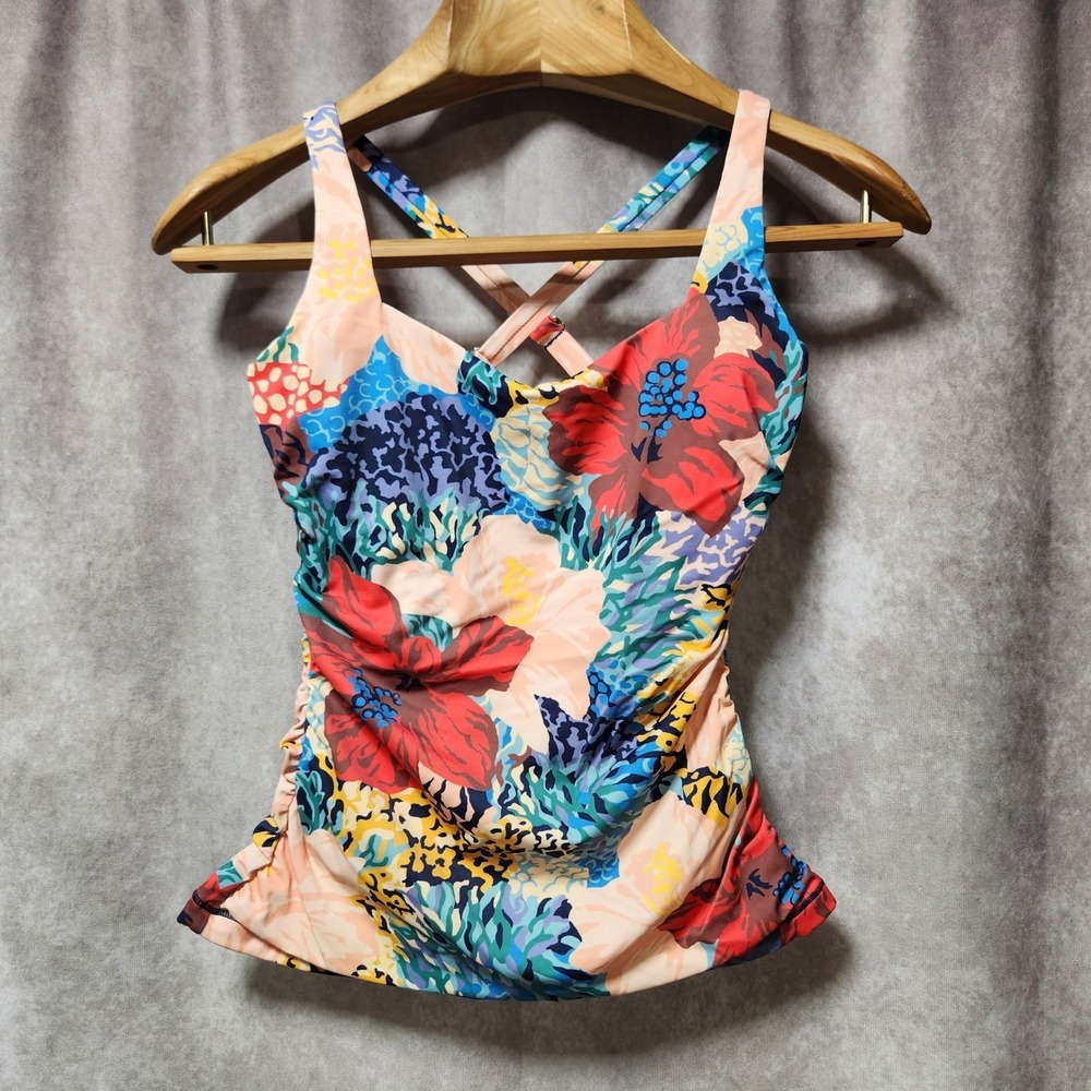 Athleta‎ Bora Bora Tankini Top Floral Ruched Swimwear 32D/DD Multicolor
